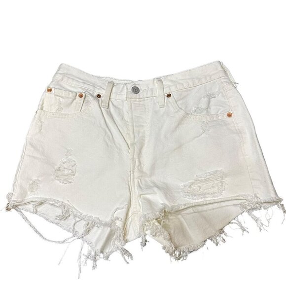 Levi's Cut Off Button Fly Shorts White Distressed Casual Summer Women's Size 27 - Picture 1 of 9